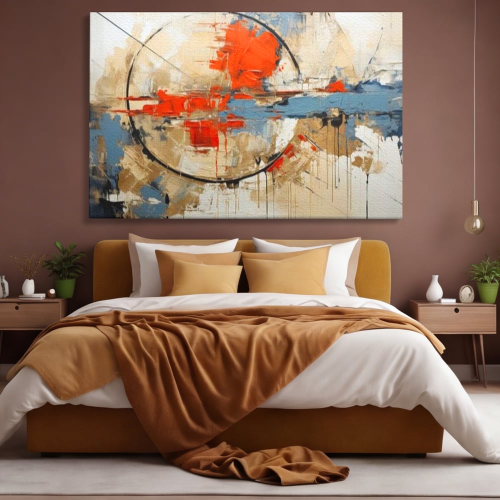 Tablou canvas cu pictura abstracta cu cerc negru si pete rosii, fara rama, pe sasiu de lemn, pe perete intr-un dormitor